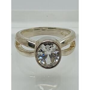 Vintage Sterling Silver Oval Solitaire Engagement Ring Size 9 Estate Jewelry